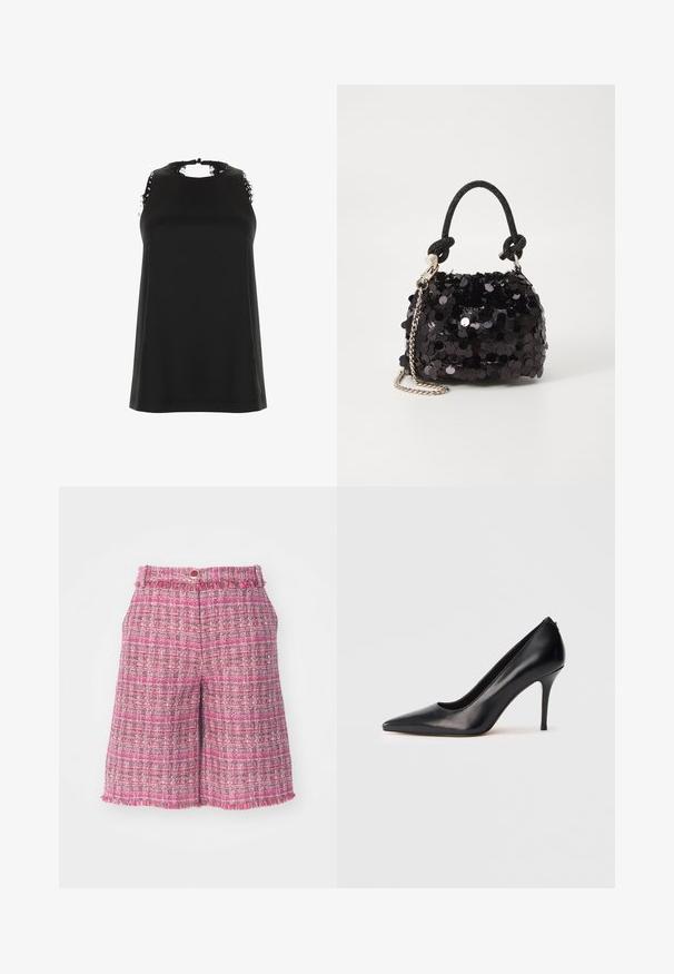 Top negru fără mâneci, cu un guler înalt, având accente de dantelă desfăcută pe umeri și o textură netedă, moale.; Şorturi din tweed roz cu un model texturat și tiv desfăcut. Dispune de un talie cu închidere cu nasture. Material ușor, lungime până la mijlocul coapselor.; Pantof cu toc înalt din piele neagră, cu vârf ascuțit, textură netedă și design elegant. Are un toc subțire și înălțat și un front decupat adânc.; Geantă mini neagră cu paiete, cu un umar texturat înnodat și un lanț argintiu. Formă rotundă cu partea de sus adunată și detalii reflectorizante.