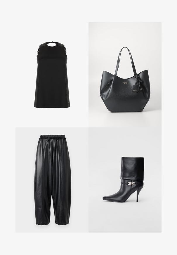 Crni bezrukavi top s visokim izrezom, s izabranim čipkastim detaljima na ramenima i glatkom, mekanom teksturom.; Crne kožne hlače s opuštenim krojem, sa elastičnim pojasom i suženim manžetama. Glatka tekstura s ušivenim detaljima.; Crna kožna gležnjača s šiljastim prstom, visokim stiletto potplatom, preklopnim rubom i zlatnom dekorativnom kopčom na gležnju.; Crna torba s dugim handles, izrađena od teksturiranog sintetičkog materijala s širokim siluetom, ukrašena detaljem s oznakom brenda.
