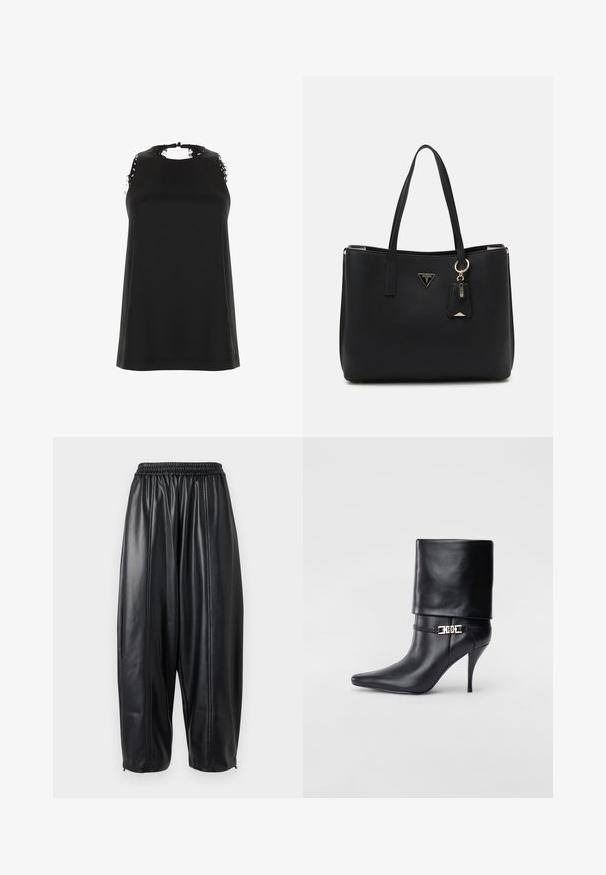 Crni bezrukavi top s visokim izrezom, s izabranim čipkastim detaljima na ramenima i glatkom, mekanom teksturom.; Crne kožne hlače s opuštenim krojem, sa elastičnim pojasom i suženim manžetama. Glatka tekstura s ušivenim detaljima.; Crna kožna gležnjača s šiljastim prstom, visokim stiletto potplatom, preklopnim rubom i zlatnom dekorativnom kopčom na gležnju.; Crna torba od teksturiranog sintetičkog materijala, s dva ručka, zlatnom oznakom i malom oznakom s detaljima u boji.