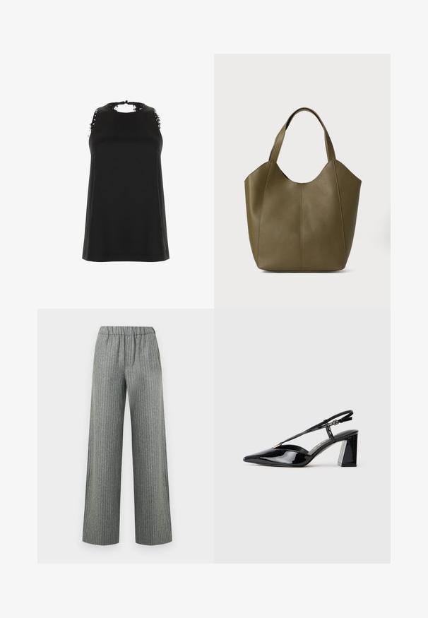 Schwarzes ärmelloses Top mit hohem Ausschnitt, das ausgefranste Spitzenakzente an den Schultern und eine glatte, weiche Textur aufweist.; Graue Nadelstreifen-Hose mit weitem Bein, elastischem Bund, Vordertaschen und geradem Schnitt.; Schwarze lackleder Slingback-High-Heels mit spitz zulaufender Zehenpartie, verstellbarem Riemen und klobigem rechteckigem Absatz.; Olivgrüne Leder-Tasche mit doppelten Trägern, glatter Textur und vierteiliger Gestaltung. Verstärkte Nähte entlang der Nähte für Langlebigkeit.