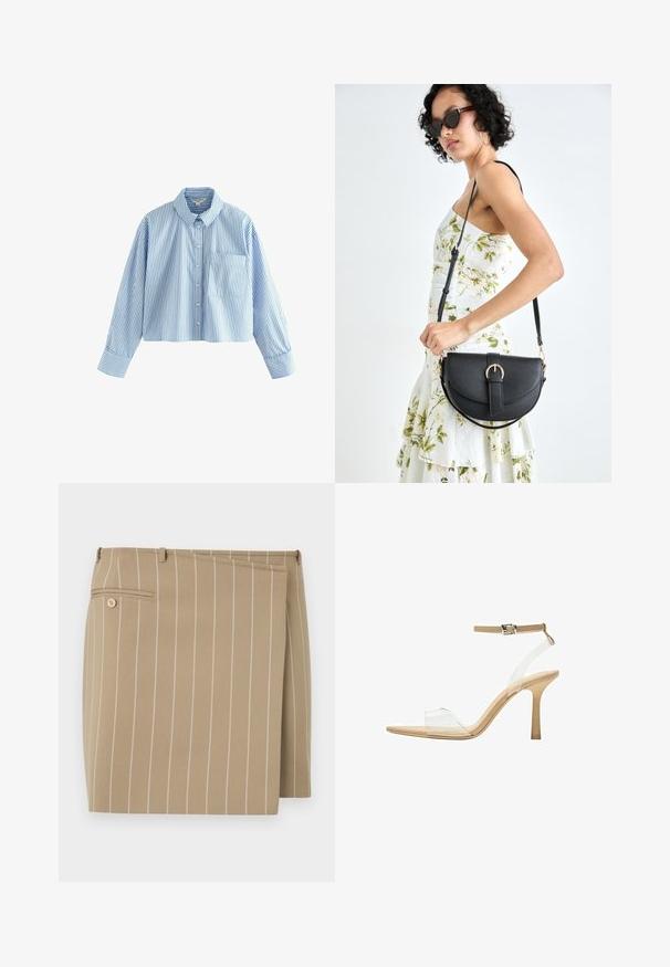 Lyhyeksi leikattu nappipaita, jossa on pitkät hihat, sinivalkoraitaisesta kankaasta valmistettu. Sisältää kauluksen ja rintataskun vasemmalla puolella.; Beige hame, jossa on pystysuorat valkoiset raidat, valmistettu tekstiilistä, jossa on rakennetta. Siinä on etupaneeli ja takatasku napin yksityiskohdalla.; Kirkas korkokenkä läpinäkyvällä varrella, beigellä pohjalla ja hoikalla nilkkahihnalla. Ominaisuuksiin kuuluu terävä kärki ja ohut korkea korko.; Musta nahkainen käsilaukku, joka on kaareva muotoilultaan, irrotettavalla hihnalla ja kultaisilla yksityiskohdilla. Laukussa on läppä, jossa on solk yksityiskohta.