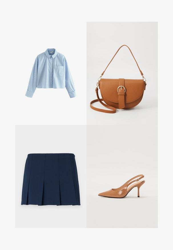 Beskaaret skjorte med lange ærmer, lavet af blå og hvide striber. Har en krave og en brystlomme på venstre side.; Mørkeblå, plisseret mini nederdel med en lige talje, lavet af et glat stof. Har lodrette syninger langs plisseringerne.; Spids tå slingback hæl i et glat, blankt tan materiale. Har et buet udskæring design og en slank stiletto hæl. Sølv spænde detalje.; Brun læder crossbody taske med en buet form, guldfarvet hardware og en spændeaccent. Har en aftagelig skulderrem.