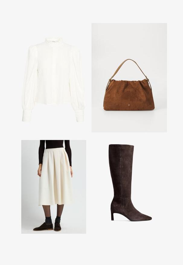 Biała bluzka z długim rękawem, wykonana z teksturowanej, pomarszczonej tkaniny. Posiada wysoki, falbaniasty kołnierz oraz zapięcie na guziki. Szerokie, bufiaste rękawy i mankiety na nadgarstkach.; Kobieta ubrana w kremową plisowaną spódnicę midi, czarne przezroczyste rajstopy, ciemne błyszczące skarpetki, brązowe buty na sznurówki oraz czarny prążkowany top z długim rękawem.; Brązowe zamszowe botki do kolan z owalnym noskiem i 8-centymetrowym obcasem. Gładka tekstura, smukła sylwetka i minimalistyczny design.; Brązowa torebka z zamszu o marszczonym wzorze, z pojedynczym paskiem w kolorze tan i subtelnym złotym logo z przodu.