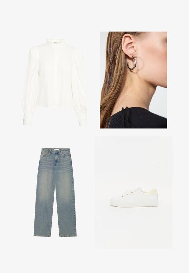 White long-sleeve blouse with a textured, crinkled fabric. Features a high, ruffled collar and button closure. Wide puffed sleeves and cuffed wrists.; Light blue high-waist straight-leg denim jeans with front pockets, belt loops, and visible button and zipper closure.; White sneaker with a canvas upper, round toe, and flat rubber sole. Features gold eyelets and a light beige heel accent.; Silver hoop earring with a polished finish, featuring small gold accent details and a round shape, worn on the lobe.