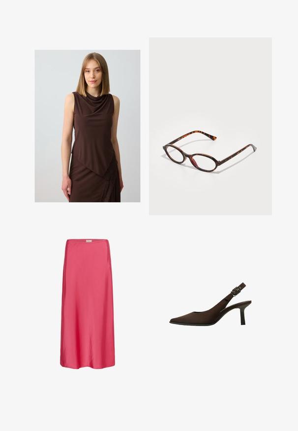 Brown sleeveless dress featuring a draped neckline and asymmetrical design, with lace accents along the lower edge. Smooth fabric texture.; Pink satin midi skirt with a smooth texture, relaxed fit, and a subtle elastic waistband, providing a flowing silhouette.; Brown suede slingback pump with a pointed toe, sleek design, thin heel, and a buckle accent on the ankle strap.; Tortoiseshell sunglasses with oval lenses, featuring a dark frame with light and dark brown patterns, and slender, curved temples.; Beige leather shoulder bag with a crescent shape, smooth texture, and a single curved handle. Features a zip closure and neat stitching.