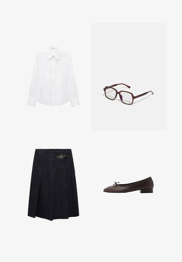 White long-sleeve shirt made of smooth fabric, featuring a pointed collar, button-front closure, and rounded hem with side slits.; Dark denim skirt with a fitted waist, side buckle detail, pleated design, and a slightly flared silhouette. Seam detailing throughout.; Brown leather ballet flat with a rounded toe and small block heel. Features a thin bow at the front and subtle stitching details.; Brown, rectangular eyeglasses with transparent lenses and purple tints. Smooth plastic frame with straight temples and subtle accents.