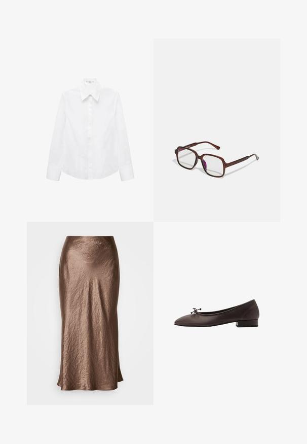 Biela košeľa s dlhým rukávom vyrobená z hladkej tkaniny, s ostrým golierom, zapínaním na gombíky a zaobleným lemom so bočnými rozparkami.; Bronzová sukňa strednej dĺžky vyrobená z krčeného materiálu; hladký textúra s jemným leskom; jemné rozšírenie na leme.; Hnedé kožené baletky s zaoblenou špičkou a malým blokovým podpätkom. Obsahujú tenkú mašľu vpredu a jemné švy.; Hnedé, obdĺžnikové dioptrické okuliare s priehľadnými šošovkami a fialovými odtieňmi. Hladký plastový rám so zásadnými nožičkami a jemnými akcentmi.