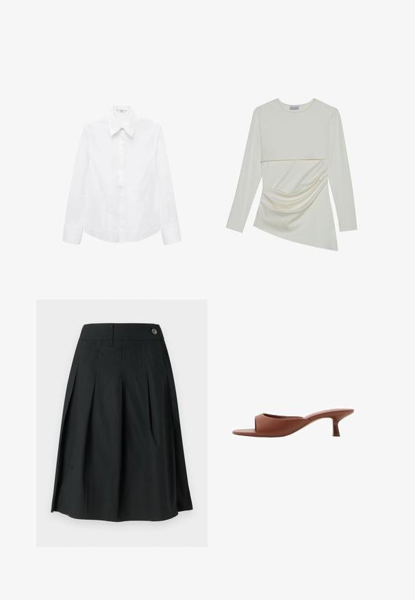 Hvid langærmet skjorte lavet af glat stof, med spids krave, knaplukning foran og afrundet kant med sideslidser.; Langærmet bluse i cremefarve med en rund halsudskæring, der har et lagdelt design og rynkede detaljer i den nederste sektion. Blødt stof med en glat tekstur.; Sort plisseret nederdel lavet af letvægtsstof, med knaplukning, en glat tekstur og A-formet snit.; Brune åbne tå hæle mules med en glat, mat finish, der har et buet design og en gennemsigtig, afsmalnende hæl.