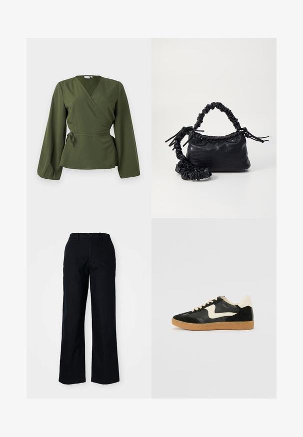 Blusa avvolgente verde oliva con maniche lunghe e un fiocco laterale in vita, presentata su uno sfondo bianco semplice.; Pantaloni neri a gamba larga in cotone. Presentano una chiusura frontale con bottone, passanti per cintura e una texture liscia. Nessun motivo o dettaglio evidente.; Sneaker nera in suede e pelle con un sorriso laterale crema e un tallone di un leggero crema. Presenta lacci beige e una suola in gomma color caramello.; Borsa a tracolla in ecopelle nera con texture a coccodrillo, apertura cinchata e tracolla arricciata. Si presenta con un design morbido e compatto.