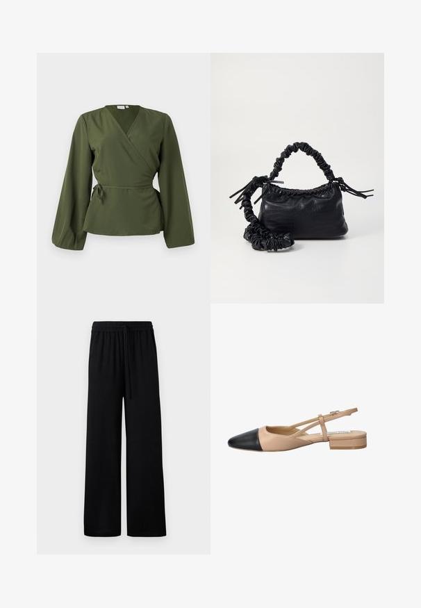Olivno zelena bluzica z dolgimi rokavi in stransko vezavo v pasu, prikazana na enostavni beli podlagi.; Črne široke hlače z elastičnim pasom in nastavljivo vrvico. Gladka tkanina brez vidnih vzorcev ali dodatkov.; Bežna in črna dvobarvna slingback čevlja s koničastim noskom, ravnim peto in križno zasnovo traku. Gladka usnjena tekstura.; Črna torbica iz umetnega usnja s krokodilovo teksturo, z zvitim vrhom in zmečkano naramico. Zdi se mehka in kompaktna v oblikovanju.
