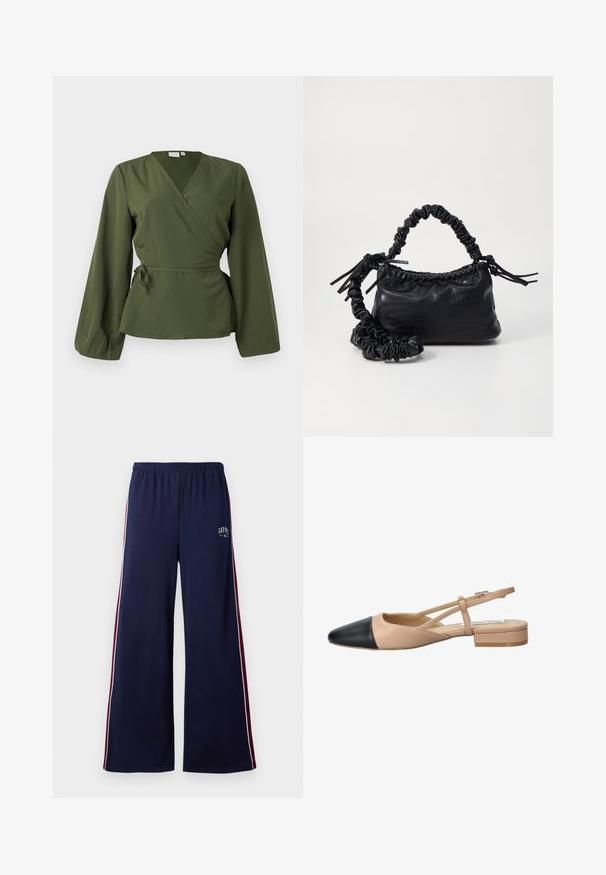Maslinasto zelena bluzica s dugim rukavima i vezanjem oko struka, prikazana na jednostavnoj bijeloj pozadini.; Tamne plave široke trenirke s elastičnim pojasom, bijelim i burgundskim bočnim trakama, te malim GAP NYC logotipom na lijevom bedru.; Bež i crna dvobojna slingback cipela s oštrim vrhom, ravnim potplatom i detaljem u obliku križanja traka. Glatka kožna tekstura.; Crna torba od umjetne kože s teksturom krokodila, s cinčanim vrhom i naboranom trakom. Izgleda mekano i kompaktno u dizajnu.