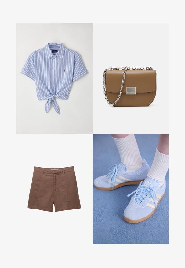 Chemise à manches courtes rayée bleu et blanc, avec un détail noué à la taille et un petit logo sur le côté gauche de la poitrine.; Shorts en lin marron avec une coupe plate à l'avant, deux poches avant et une texture lisse. Présente une coupe ajustée et un ourlet droit en bas.; Baskets en daim bleu clair avec des rayures blanches, lacets plats et semelle en caoutchouc gomme. Des chaussettes blanches côtelées sont portées au-dessus de la cheville.; Sac en cuir marron en bandoulière avec une forme courbée, une chaîne en argent et un détail de fermeture métallique carrée à l'avant.