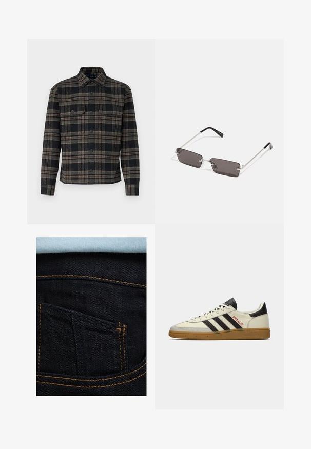 Must musträäp ja hallikirju jope kraega, nööpidega ees ja kahe rinna taskuga. Valmistatud tekstuursest kangast.; Tumedast sinisest denimist teksad oranžide õmblustega, millel on tagatasku ja peal oleva helesinise särgi osa. Sile tekstuur, klassikaline disain.; Kreemja ja must Adidas Spezial sportlane, kummist tallaga, mustade triipudega, punaste õmblustega ja "Spezial" brändinguga küljel.; Kübarid, millel on ristkülikukujulised, tumedhalli värvi läätsed, hõbedased metallraamid ja mustad plastotsad käeotsades. Kerge disain koos nina padjadega.