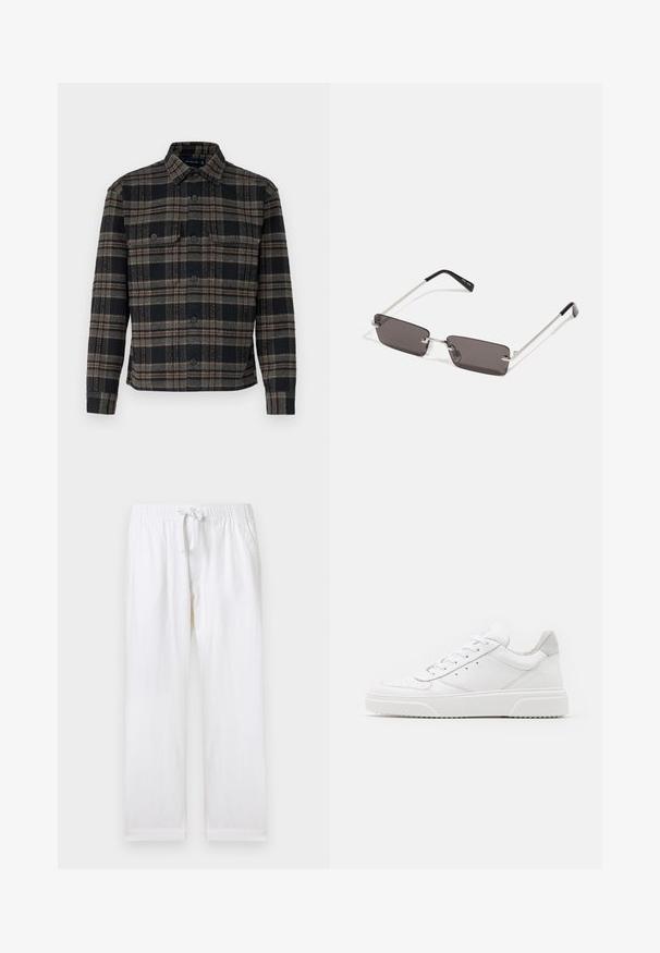 Schwarz- und graues Karo-Jacket mit einem Kragen, Knopfleiste und zwei Brusttaschen. Hergestellt aus einem strukturierten Stoff.; Weiße, lässige Hose mit elastischem Bund und verstellbarem Kordelzug. Ausgestattet mit Seitentaschen und einer weichen Baumwollstruktur.; Weiße Leder-Sneaker mit glatter Oberfläche, rundem Zehenbereich, flachen Schnürsenkeln und strukturiertem Schuhsohlen. Graues Wildleder-Detail an der Ferse.; Sonnenbrille mit rechteckigen, dunkelgrauen Gläsern, silbernen Metallrahmen und schwarzen Kunststoffenden an den Bügeln. Leichtes Design mit Nasenpads.