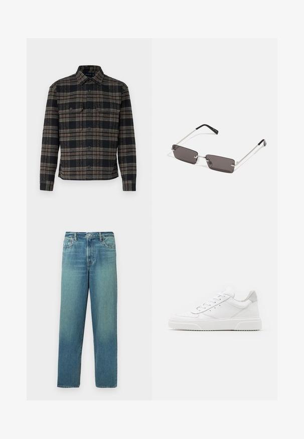Czarna i szara kurtka w kratę z kołnierzykiem, zapinana na guziki, z dwiema kieszeniami na piersi. Wykonana z fakturowanej tkaniny.; Dżinsy, jasnoniebieskie z efektem wyblakłości, prosty krój nogawki, standardowe pięć kieszeni, mosiężny guzik i zamek błyskawiczny.; Białe skórzane trampki o gładkim wykończeniu, zaokrąglonym nosku, płaskich sznurówkach i teksturowanej podeszwie. Szary zamszowy akcent na pięcie.; Okulary przeciwsłoneczne z prostokątnymi, ciemnoszarymi soczewkami, srebrnymi metalowymi ramkami i czarnymi plastikowymi zakończeniami na zausznikach. Lekka konstrukcja z poduszkami nosowymi.