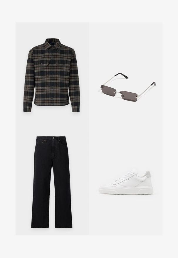 Giacca a fantasia checked nera e grigia con colletto, chiusura a bottoni e due taschini sul petto. Realizzata in un tessuto testurizzato.; Jeans in denim nero con taglio dritto, cinque tasche, dettagli in hardware di rame e un design minimalista con una finitura leggermente texture.; Sneaker bianche in pelle con finitura liscia, punta arrotondata, lacci piatti e suola texturizzata. Accento in suede grigio sul tallone.; Occhiali da sole con lenti rettangolari di colore grigio scuro, montatura in metallo argentato e punte nere in plastica sulle asticelle. Design leggero con cuscinetti per il naso.