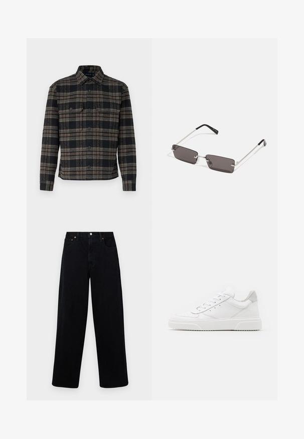 Czarna i szara kurtka w kratę z kołnierzykiem, zapinana na guziki, z dwiema kieszeniami na piersi. Wykonana z fakturowanej tkaniny.; Abercrombie & Fitch - Jeansy baggy; Białe skórzane trampki o gładkim wykończeniu, zaokrąglonym nosku, płaskich sznurówkach i teksturowanej podeszwie. Szary zamszowy akcent na pięcie.; Okulary przeciwsłoneczne z prostokątnymi, ciemnoszarymi soczewkami, srebrnymi metalowymi ramkami i czarnymi plastikowymi zakończeniami na zausznikach. Lekka konstrukcja z poduszkami nosowymi.