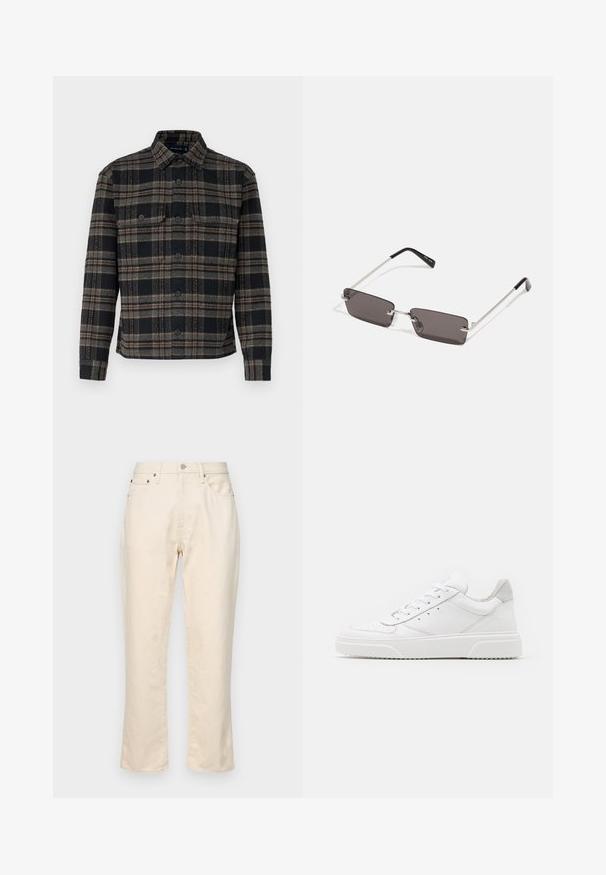 Jachetă cu carouri negre și gri, cu guler, închidere cu nasturi și două buzunare pe piept. Fabricată dintr-un material texturat.; Pantaloni din bumbac bej cu un design drept. Caracteristici: fermoar, cinci buzunare și detalii subtile de cusătură. Întreținere texturată a suprafeței.; Adidași din piele albă cu un finisaj neted, vârf rotunjit, șireturi plate și o talpă texturată. Accente din piele întoarsă gri la călcâi.; Ochelari de soare cu lentile dreptunghiulare, gri închis, rame din metal argintiu și vârfuri din plastic negru pe brațe. Design ușor, cu pad-uri pentru nas.