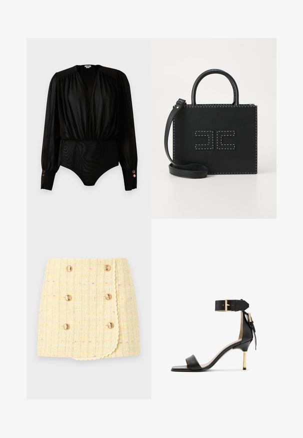 Fekete, hosszú ujjas body, mély V-alakú nyakrésszel, puffos vállakkal, széles mandzsettákkal, három fém gombbal, és illeszkedő alsó résszel.; Sárga tweed szoknya, textúrált felülettel, dupla gombolású dizájnnal, arany gombokkal és fodros szegéllyel. Színes pettyek díszítik.; Fekete bőr sarkú szandál négyzet alakú orral, boka pánttal, arany csattal, és vékony fém sarkal. Simább textúra, minimalista dizájn.; Elisabetta Franchi WOMEN'S BAG - Kézitáska - nero; Arany lánc-link fülbevalók, átlátszó kristálydíszítéssel, gravírozott "GUESS" márkajelzéssel és sima felülettel.