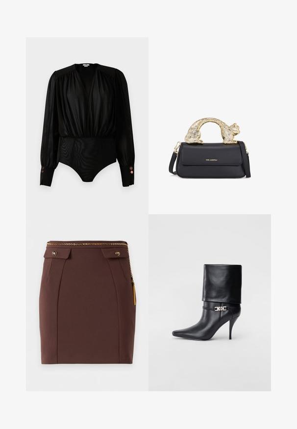 Melnas garām piedurknēm bodijs ar savāktām dziļās V veida kakla izgriezumu, pūkainām plecu daļām, platiem aprocēm ar trim metāla pogām un pieguļošu apakšējo daļu.; Brūns pieguļošs mini svārki ar zelta ķēdes jostu, dekoratīvām pogām ar atloks un zelta bārkstīm uz viendabīga fona.; Melnas ādas potīšu zābaki ar smailu purngalu, augstu stiletto papēdi, salocītu aproci un zeltītu dekoratīvu sprādzi uz potītes.; Melnā ādas rokassoma ar zeltītu kaķa formas rokturi, ar priekšējo vāku, regulējamu siksnu un logo detaļu apakšējā priekšā.