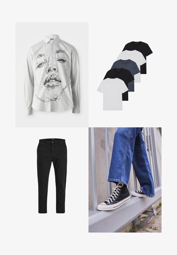 Maglietta a maniche lunghe a righe con un'illustrazione di un volto monocromatico sulla parte anteriore. Il tessuto è liscio, con colletto classico e dettagli di bottoni.; Set di cinque t-shirt in nero, bianco e blu navy. Tessuto di cotone, maniche corte, design a collo rotondo e texture semplice senza motivi.; Chino neri con vestibilità slim, realizzati in cotone. Presentano una chiusura con bottone, tasche frontali e una texture liscia. Design pulito senza motivi.; Scarpe da ginnastica nere alte con suola e lacci bianchi, abbinate a jeans di denim blu larghi, appoggiate su un parapetto grigio.