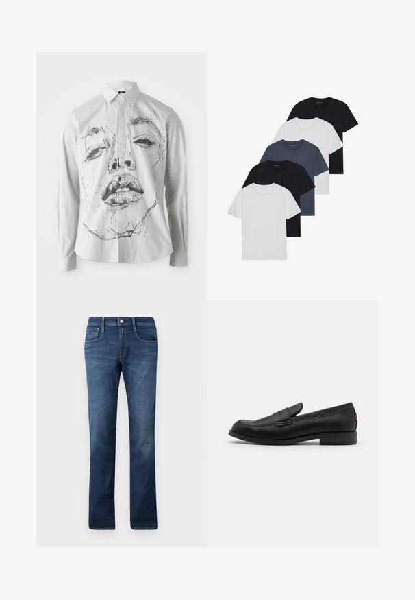 Camisa de manga larga a rayas que presenta una ilustración de cara monocromática en el frente. La tela es suave, con un cuello clásico y detalles de botones.; Conjunto de cinco camisetas en negro, blanco y azul marino. Tejido de algodón, de manga corta, diseño de cuello redondo y textura lisa sin patrones.; Jeans de mezclilla azul con un diseño de pierna recta, que cuentan con bolsillos frontales, cremallera y cierre de botón. Lavado medio con un ligero desgastado.; Mocasines de cuero negro con un acabado suave, punta redondeada y una pequeña solapa decorativa. Presentan un tacón bajo y apilado, así como un detalle sutil de marca.