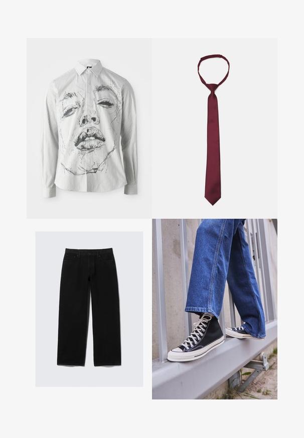Dryžuota ilgomis rankovėmis marškinėliai su monochromine veido iliustracija priekyje. Audinys lygus, su klasikiniu apykakle ir sagų detalėmis.; Juodi plačios kojos džinsai, pagaminti iš džinsinio audinio. Su klasikinėmis penkių kišenių dizainu, mygtuko ir užtrauktuko uždarymu, taip pat sustiprinta siūlė.; Juodi aukšti sportiniai bateliai su baltu padu ir raišteliais, derinami su laisvai krentančiais mėlynais džinsais, atremti į pilką turėklą.; Vyno raudonos satino kaklaraištis su lygia tekstūra, siauru plačiu ir smailiu galu; turi kilpą patogiam dėvėjimui.