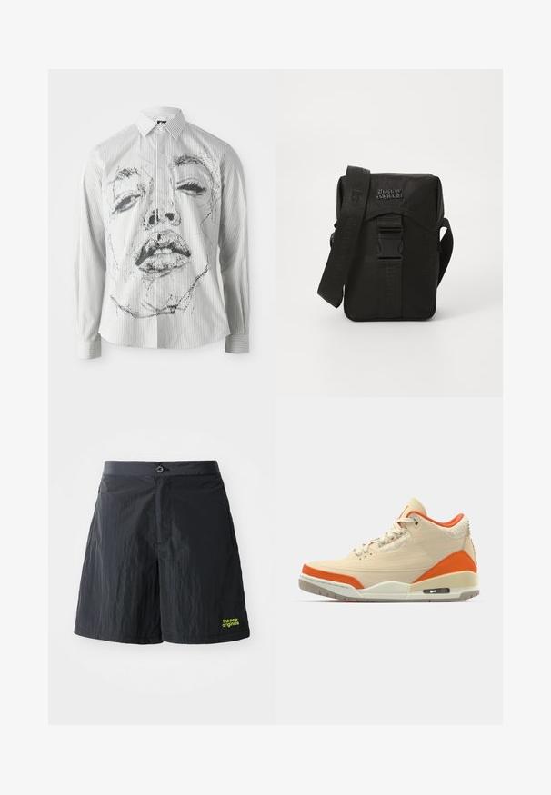 Raižotu garo piedurkņu krekls ar monohromu sejas ilustrāciju priekšpusē. Audums ir gluds, ar klasisku apkakli un pogu detaļām.; The New Originals RUNNING - Šorti - black; Bēša kedas ar oranžiem akcentiem, kanvas augšdaļa, teksturēta apdare papēdī un redzama gaisa vienība zoles daļā.; Melnas neilona sūtījumu soma ar priekšējo atloku, regulējamu siksnu un plastmasas sprādzi. Iekļauj teksturētu zīmolu uz siksnas un somas ķermeņa.