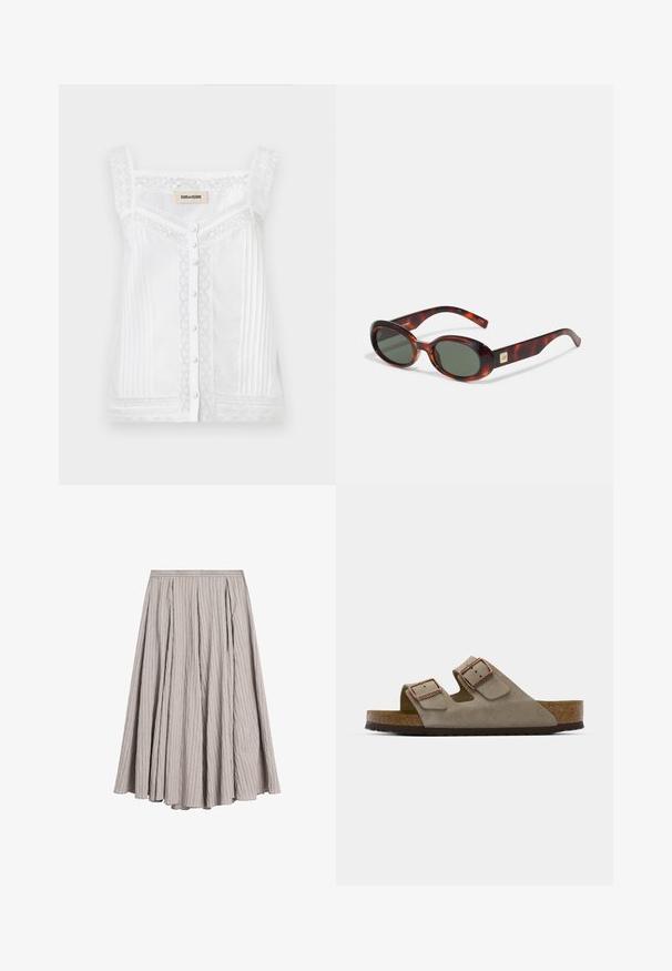 Haut sans manches blanc avec des détails en dentelle, des plis verticaux et une fermeture à boutons à l'avant. Dispose d'un col en dentelle festonné et de bretelles.; Jupe midi gris clair en tissu texturé avec des plis verticaux, dotée d'une taille ajustée et d'une forme évasée.; Sandale à glissière en suède de couleur gris clair, dotée de deux boucles réglables, d'une semelle intermédiaire en liège et d'une semelle extérieure en caoutchouc texturé.; Lunettes de soleil en écaille de tortue avec verres foncés, en forme ovale et avec des branches larges. Présente un petit accent doré sur le côté. Matériau en plastique lisse.; Sac tote en cuir marron avec deux poignées allongées, forme rectangulaire structurée, texture lisse et détails de couture subtils.; Boucles d'oreilles en argent avec une rangée de pierres claires et un pendentif en cristal rond suspendu à chacune. Métal poli, design épuré.