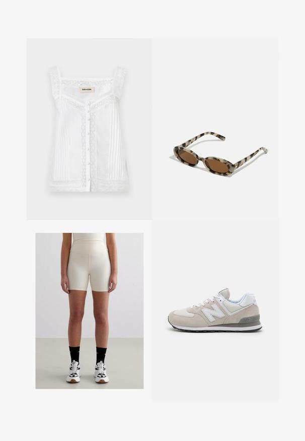 Top blanco sin mangas con detalles de encaje, plisados verticales y cierre de botones en el frente. Presenta un escote de encaje con forma de ondas y tirantes.; Pantalones cortos de talle alto en color beige, confeccionados con una tela suave y elástica. Presentan un diseño ajustado y una longitud a media muslo, combinados con zapatillas blancas y calcetas negras.; Zapatilla de color beige claro con material de ante y malla, con acentos blancos, cordones y una suela de goma negra. Logo de New Balance en el lateral.; Gafas de sol carey con lentes ovalados, tintado marrón y lados delgados con un patrón. Material plástico ligero con sutiles acentos dorados.; Pendientes de aro en tono plateado con una fila de piedras claras y un colgante de cristal redondo en cada uno. Metal pulido, diseño elegante.
