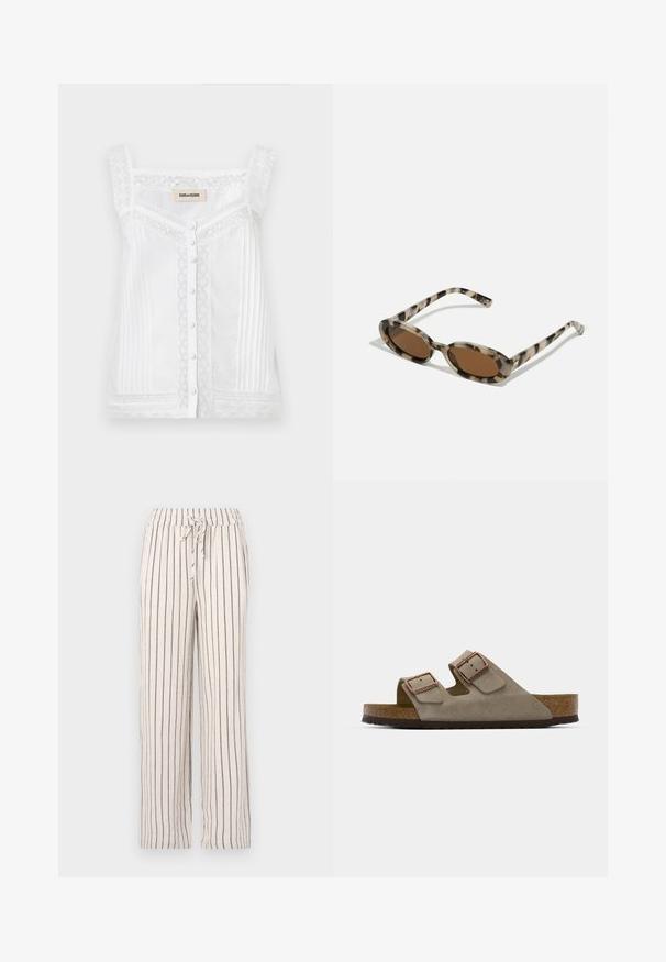 Weißes ärmelloses Oberteil mit Spitze, vertikalen Falten und einer Knopfverschluss vorne. Es hat einen wellenförmigen Spitzenhalsausschnitt und -träger.; Leinenhosen mit vertikalen dunkelblauen Streifen, elastischem Bund und Kordelzug-Detail. Locker sitzend mit geraden Beinen und weicher Textur.; Wildledersandale in Hellgrau mit zwei verstellbaren Schnallen, einer Kork-Zwischensohle und einer strukturierten Gummiaußensohle.; Schildpatt-Sonnenbrille mit ovalen Gläsern, brauner Tönung und dünnen gemusterten Seiten. Leichtes Kunststoffmaterial mit dezenten goldenen Akzenten.; Braune Ledertasche mit zwei langen Griffen, strukturierte rechteckige Form, glatte Textur und dezente Nähdetails.; Silberne Metallohrringe mit einem wellenförmigen, skulpturalen Design, das eine polierte Oberfläche und unregelmäßige Formen aufweist, die eine zeitgenössische Ästhetik betonen.