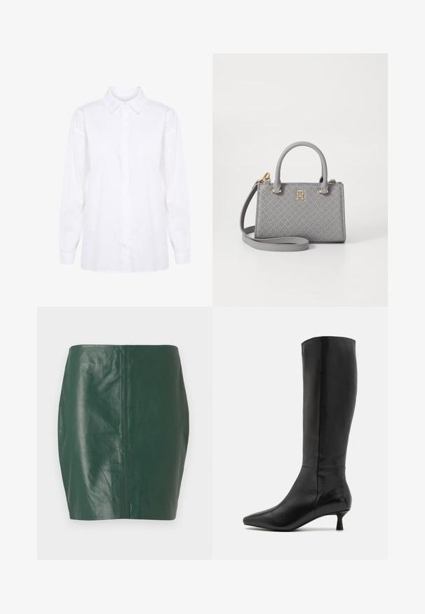 Baltos medvilnės marškiniai su ilgomis rankovėmis, klasikinio apykaklės dizaino, su sagų uždarymu, pilnomis rankovėmis ir tiesiu kraštu.; Žalia oda mini sijonas, su lygiu tekstūru ir prigludusia forma. Savybės: be siūlų dizainas, be matomų uždarymo arba aparatūros elementų.; Zign Batai - black; Tommy Hilfiger ETERNITY MICRO TOTE MONO - Rankinė - universal grey