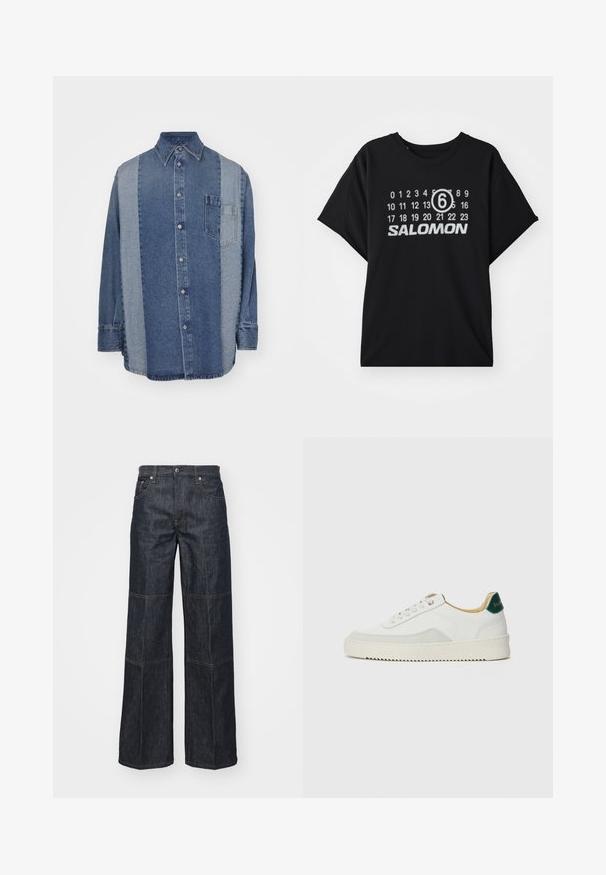 Cămașă din denim cu un design bicolor, având secțiuni de albastru închis și deschis, cu închidere cu butoni, guler și un buzunar pe piept.; Tricou negru cu mâneci scurte, având un grafic alb cu numere și textul "SALOMON" pe față. Textură moale și croială relaxată.; Helmut Lang CARPENTER - Blugi loose fit - raw indigo; Sneaker alb cu accente din suede, vârf rotund, șireturi plate și o talpă din cauciuc crem. Are un logo verde pe călcâie.
