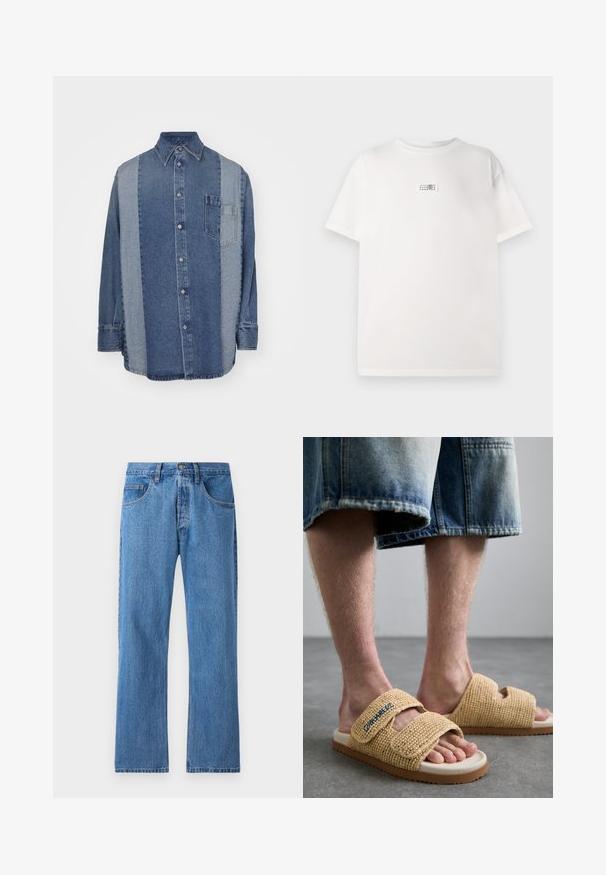 Jeansskjorta med en tvåtonad design i mörk och ljus blå, knappslå framtill, krage och bröstficka.; Vit bomullst-shirt med en liten tryckt etikett i mitten. Korta ärmar och en avslappnad passform med en slät textur.; Blå denimjeans med rak bendesign, fem fickor, knappstängning och subtila blekningar. Har standard sömnad och en midjeband med bältesöglor.; Beige vävda sandaler har två justerbara remmar, en texturerad yta och en ljus sula med en brun accent.