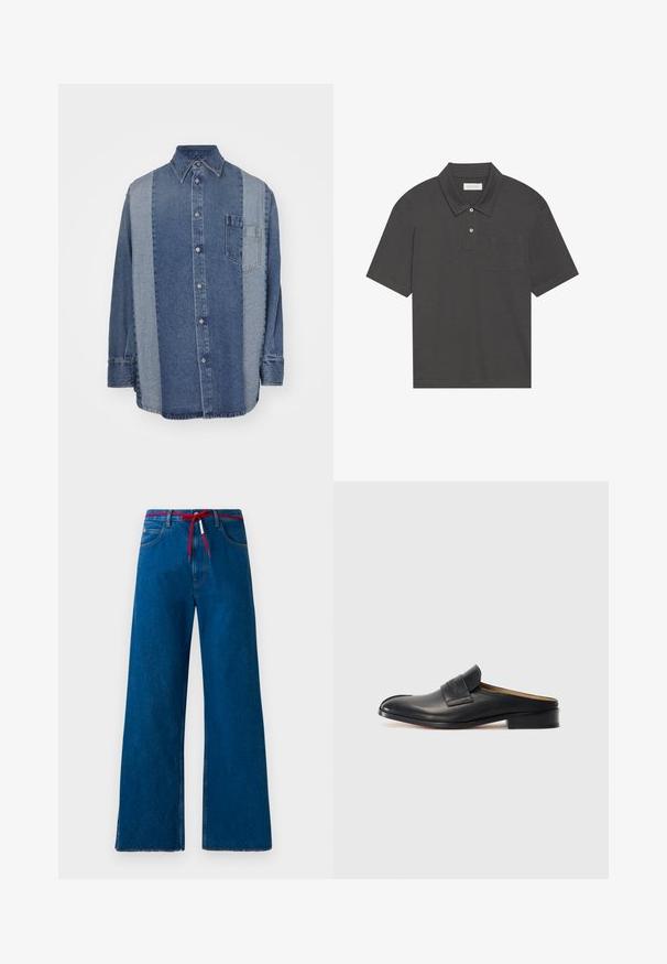 Denimová košile s dvoubarevným designem, který kombinuje tmavě a světle modré části, s knoflíkovým zapínáním, límcem a náprsní kapsou.; Tmavě šedé polo tričko s tradičním límečkem, tříknoflíkovou légou, krátkými rukávy a kapsou na levé straně hrudi. Hladká struktura látky.; Široké modré džíny z denimu s červenou šňůrkou v pase, s klasickým designem pěti kapes a roztrhanými lemy.; Černá kožená slip-on obuv s kulatou špičkou, nízkým blokovým podpatkem a předním páskem. Hladký povrch s jemným logem na pásku.