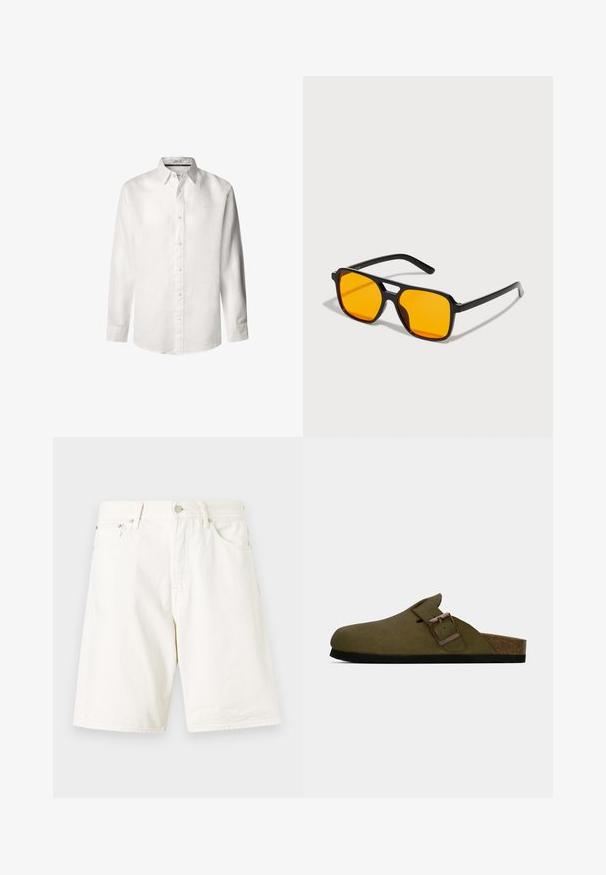 Bijela košulja dugih rukava od laganog lana, s dizajnom na kopčanje, s oštrim kragnom i suptilnim logotipom izvezenim blizu prsnog dijela.; Bijele traper kratke hlače ravnog kroja, s petljama za remen, zatvaranjem na patentni zatvarač i dva prednja džepa. Glatka tekstura i jednostavan dizajn.; Maslinasto zelena klompa bez kopčanja s širokim podesivim remenom i brončanim kopčanjem, pluta podloga i crna gumena potplat.; Crne pravokutne sunčane naočale s odvažnim narančastim lećama. Imaju jedinstveni dizajn mosta i elegantne krakove, izrađene od laganog materijala.