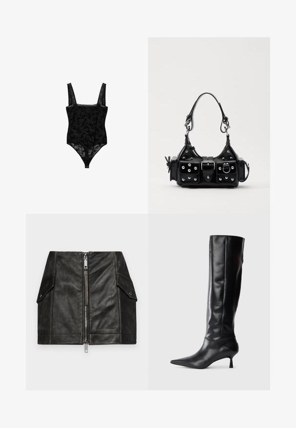 Body en dentelle noire avec motif floral, larges bretelles bordées de texture, et fermeture pressionnée au bas. Matière transparente avec des détails complexes.; Mini-jupe en cuir noir avec une fermeture éclair à l'avant, deux poches latérales et une texture lisse. Présente des coutures renforcées et un design structuré.; Botte en cuir noir hautes jusqu'au genou avec un bout pointu et un talon fin et courbé. Texture lisse, design ajusté, sans matériel ni motifs visibles.; Sac à main en cuir noir au design courbé, avec des clous en argent, une boucle et deux poches latérales. Bandoulière réglable pour différentes options de transport.