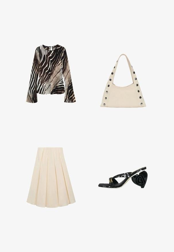 Langærmet bluse i let materiale med zebra-mønster i nuancer af sort, brun og creme. Keyhole-back detalje.; Plisseret nederdel i cremefarvet stof; har en blød tekstur, mellemlang design og symmetriske plisseringer, der strækker sig fra taljen til kanten.; Sorte flip-flops med krydsremme, mønstret overdel og en skulpturel sort hjerteformet hæl med logo detalje.; PULL&BEAR SHOULDER - Shopping bags - beige