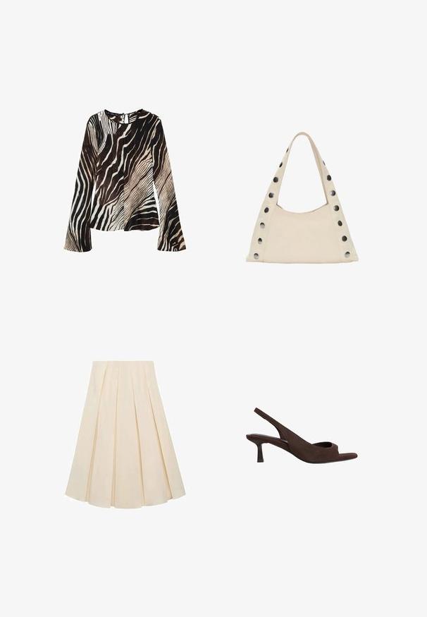 Blusa a maniche lunghe in tessuto leggero con stampa zebra in tonalità di nero, marrone e crema. Dettaglio sul retro a forma di chiave.; Gonna plissè in tessuto color crema; presenta una consistenza morbida, un design a metà lunghezza e pieghe simmetriche che si estendono dalla vita all'orlo.; Tacchi slingback in suede marrone con design open-toe, caratterizzati da un tacco curvo basso e una texture morbida in tutto il loro corpo.; PULL&BEAR SHOULDER  - Shopping bag - beige