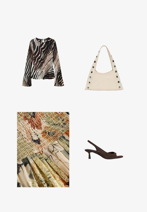 Pitkähihaista puseroa kevyestä kankaasta, jossa on seepra-kuosi mustan, ruskean ja kermaisen sävyissä. Avaus selkäpuolella.; Next REGULAR FIT - DROP WAIST - Maksihame - cream sparkle; Ruske kengät slingback-mallilla, joissa on avokyntinen muotoilu, matala kaareva kenkäkorko ja pehmeä pinta kauttaaltaan.; PULL&BEAR SHOULDER - Shopping bag - beige