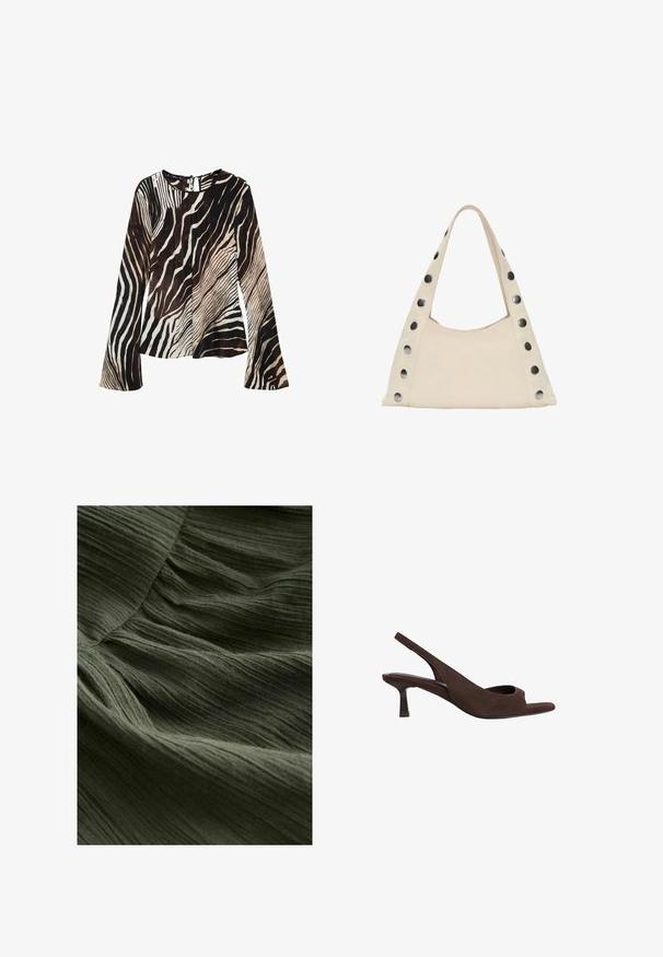 Bluzka z długim rękawem z lekkiego materiału, w paski zebry w odcieniach czerni, brązu i kremu. Z tyłu znajduje się detal w kształcie łezki.; Zielony, plisowany materiał z bliska, z miękką, teksturowaną powierzchnią, cienkimi falistymi liniami i lekkim, płynącym wyglądem.; Brązowe zamszowe czółenka na odkrytej pięcie z wycięciem na palce, z niskim zakrzywionym obcasem i miękką fakturą na całej powierzchni.; PULL&BEAR - Torba na zakupy