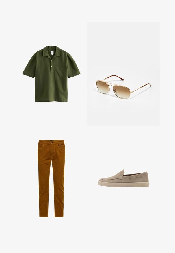 Next SHORT SLEEVE - Hemd - green; Braune Corduroyhose im Slim Fit, mit fünf Taschen, einem vorderen Knopfverschluss und charakteristischer gerippter Textur entlang der gesamten Hose.; Beige Wildleder-Slipper mit abgerundeter Spitze, niedrigem Profil und strukturiertem Finish. Mit dezenten Steppnähten entlang des Obermaterials.; Goldfarbene Flieger-Sonnenbrille mit verlaufsbraunen Gläsern, Metallrahmen und braunen Kunststoffbügelspitzen. Glatte Textur, minimales Hardware-Detail.