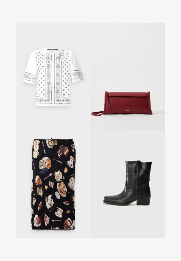 Weiße Kurzarmbluse mit blauer Blumenstickerei, einem runden Ausschnitt und detaillierten Mustern entlang der Vorderseite und Ärmel.; Schwarze Rock mit einem Muster aus Teetassen, Kuchen und Gebäck, mit detaillierten Illustrationen und einem dekorativen Spitzenabschluss.; Schwarze Leder-Ankle Boots mit runder Zehenform, Blockabsatz, seitlichem Reißverschluss und gestickten Akzenten auf dem Blatt. Glatte Textur, klassisches Design.; Rote Leder-Clutch mit strukturiertem Finish, ausgestattet mit einem flachen Klappdeckel und einem kurzen Tragegriff. Diskretes Markenlogo auf der Vorderseite.