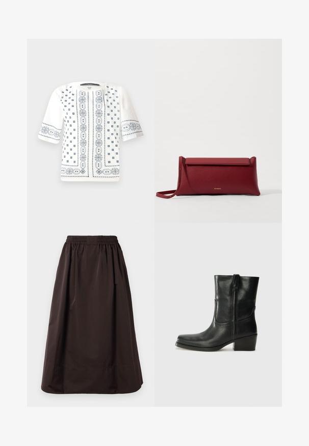 Biely krátky rukáv blúzka so modrou kvetinovou výšivkou, okrúhlym výstrihom a zložitými vzormi na prednej časti a rukávoch.; Hnedá midi sukňa s elastickým pásom a širokým lemom, vyrobená z hladkej látky s jemnými záhybmi pod pásom.; Čierne kožené členkové topánky s okrúhlou špičkou, blokovým podpätkom, bočným zipsom a prešívaním na priehlavku. Hladká textúra, klasický dizajn.; Červená kožená klúčenka s textúrovaným povrchom, má plochý preklápací vrch a krátky popruh. Na prednej strane je jemné logo značky.