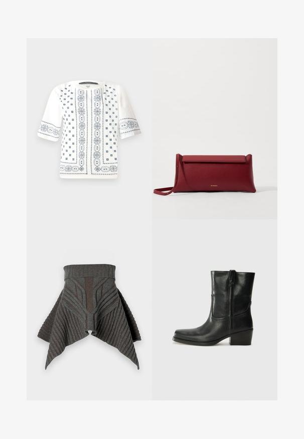 Balts īsajām piedurknēm blouse ar zilu ziedu izšuvumu, apaļu kakla izgriezumu un sarežģītiem rakstiem pa priekšu un piedurknēm.; Pelēka adīta apmale ar ribu tekstūru, kurā ir leņķaini raksti gaišākā nokrāsā, kas pakāpeniski sašaurinās malās, veidojot plūstošu siluetu.; Melna ādas potīte ar noapaļotu purngalu, bloku papēdi, sānu rāvējslēdzēju un šuvju akcentiem uz virsmas. Gluda tekstūra, klasiskā dizaina.; Sarkans ādas klasisks maciņš ar teksturētu virsmu, ar plakanu salokāmu augšpusi un īsu siksniņu. Uz priekšpuses ir smalks zīmola logo.