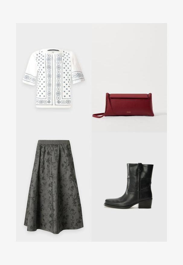 Blouse blanche à manches courtes avec broderie florale bleue, un col rond et des motifs délicats sur le devant et les manches.; Jupe midi gris foncé avec une ceinture élastique, présentant un motif floral en relief sur l'ensemble pour une texture et un intérêt visuel accrus.; Bottine en cuir noir avec un bout rond, un talon carré, une fermeture éclair sur le côté et des coutures décoratives sur l'empeigne. Texture lisse, design classique.; Pochette en cuir rouge à la finition texturée, avec un rabat plat et une courte sangle. Logo de marque discret sur le devant.