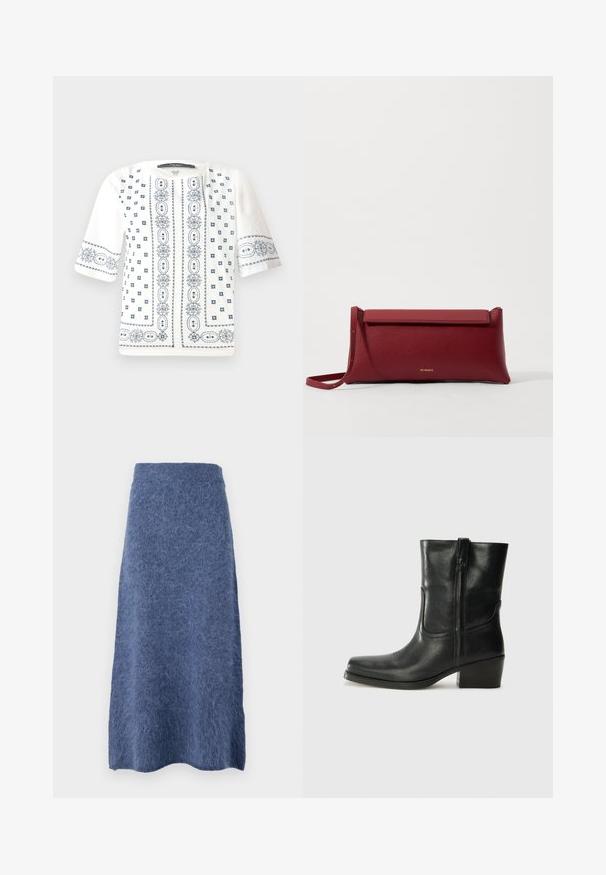 Valkoinen lyhythihainen paita, jossa on sinisiä kukkakirjontoja, pyöreä pääntie ja monimutkaiset kuviot edessä ja hihoissa.; Villatakki pehmeässä sinisessä sävyssä, joka omaa suoran siluetin ja tekstuurisen, pörröisen kankaan. Helma on hieman pyöristetty.; Musta nahkasaapas nilkkamittaisella varrella, pyöreällä kärjellä, lohkarekorolla, sivuvetoketjulla ja ompeluaksentilla varren yläosassa. Suora pinta, klassinen muotoilu.; Punainen nahkainen clutch-muoti, jossa on teksturoitu pinta, litteä taittopäällinen ja lyhyt hihna. Hienovarainen brändilogo edessä.