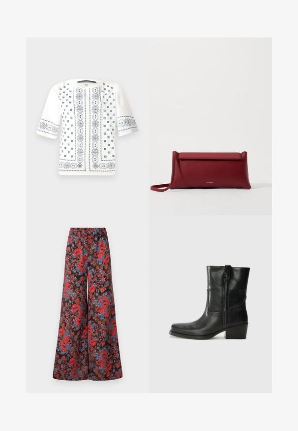 Valge lühikeste varrukatega pluus, millel on sinine lilleline tikand, ümar kaelus ja keerukad mustrid esi- ja varrukatel.; Laiad püksid mustast kangast, mis on kaunistatud erksate lillemotiividega punases ja sinises, ning mugavuse tagamiseks elastse vöökohaga.; Musta nahast pahkluu saabas ümarate varvastega, plokknäppu, külgsepa ja pealsetel õmblusest aktsentidega. Sile tekstuur, klassikaline disain.; Punane nahkne käekott tekstuuriga viimistlusega, millel on lame voltimisosa ja lühike rihm. Pehme brändi logo ees.