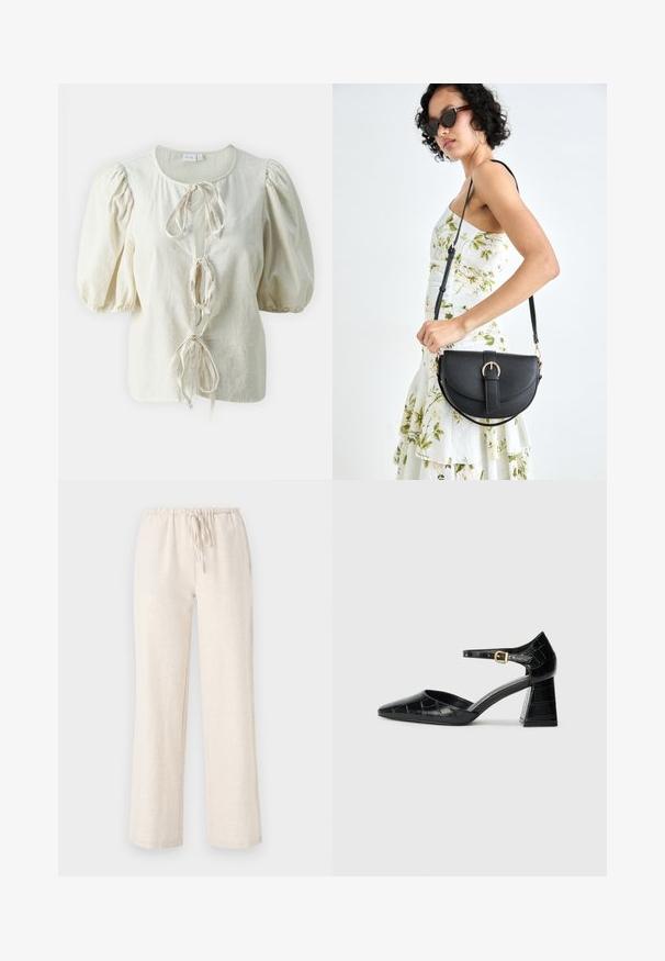 Ljusbeige blus med puffärmar, som har rund halsringning, knytning och textilstruktur. Enkel design med naturligt material.; Ljusbeiga, löst sittande linnebyxor med elastisk midja och justerbar dragsko. Slät yta och rak benform.; Svart lackläder högklackad sko med spetsig tå, ankelrem och strukturerat krokodilmönster. Fyrkantig klackdesign.; Svart läderhandväska med en böjd form, avtagbar rem och guldiga detaljer. Väskan har ett lock med en spänndetalj.