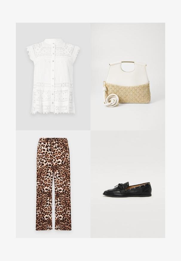 White blouse with short, cap sleeves, featuring lace detailing and a button-down front. Textured fabric and scalloped hemline add visual interest.; Leopard print pants with a relaxed fit, featuring a waistband with elastic, made of soft textile with a smooth texture.; Black leather loafers with a tied bow, featuring gold eyelet accents along the sides and a flat rubber sole. Smooth texture, classic design.; White leather handbag with a textured cream woven fabric bottom. Features a gold-tone handle and a coiled white strap for versatility.